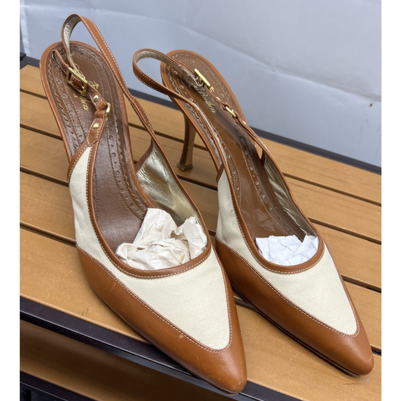 Brooks Brothers Canvas and Leather Woman Size 10 Made In Italy Sling back Heels - Picture 2 of 11